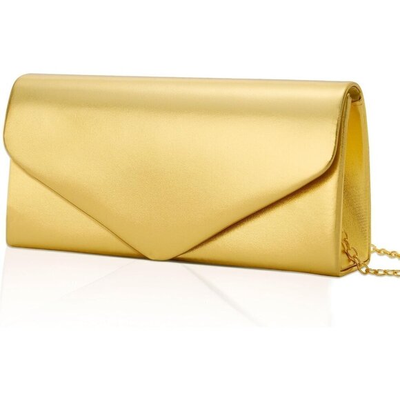Handbags - 🆕Women Gold Metallic Vegan Leather Evening Clutch Bag with Chain Strap Wedding